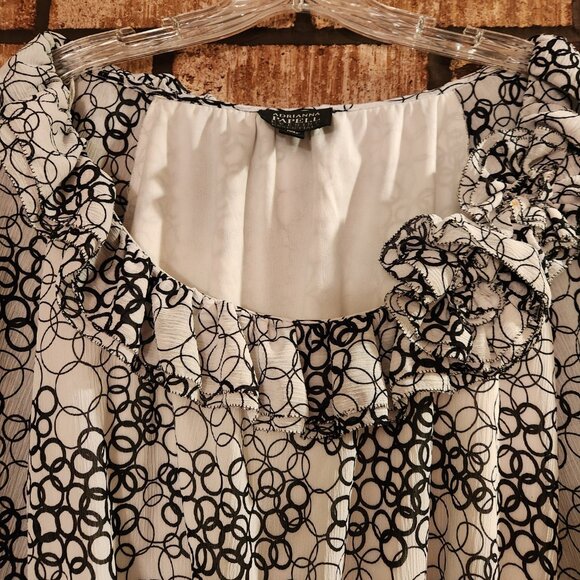 Adrianna Papell Evening Abstract Long Sleeve Ruffle Collar Belted Blouse 14 EUC - Picture 2 of 5